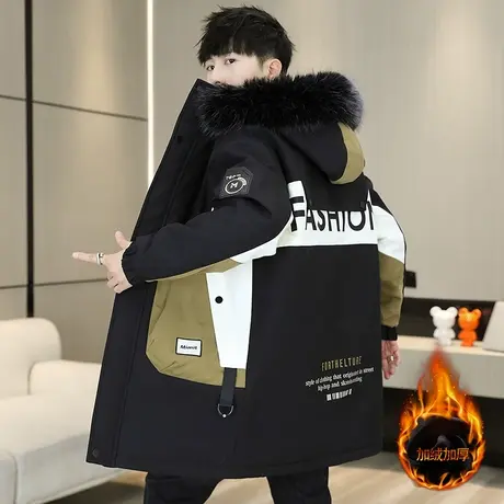 2023冬季新款男士中长款派克服加绒加厚棉服连帽棉袄外套个性棉衣图片