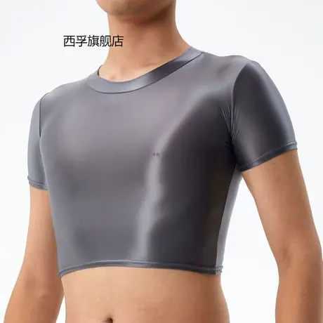 欧美大码男女同款超短油亮上衣透气健身性感露透明7067商品大图