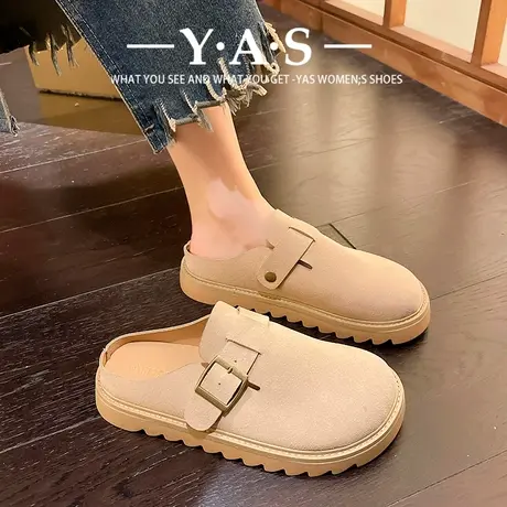 厚底勃肯鞋女包头半拖鞋2024新款春季女鞋子孕妇平底一脚蹬懒人鞋商品大图