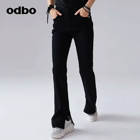 odbo/欧迪比欧时尚气质黑色牛仔裤女春季新款开叉修身显瘦直筒裤图片
