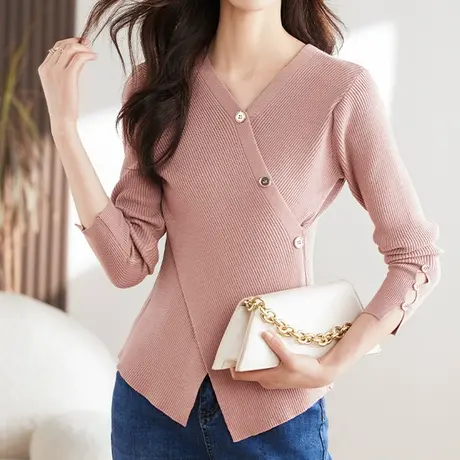 【3月4春新品8折】时尚复古斜扣V领针织衫修身显瘦长袖套头上衣图片