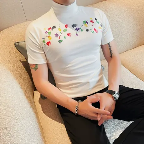 夏季半高领短袖t恤男ins韩版修身内搭涂鸦印花高级感半袖打底体恤商品大图