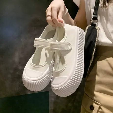玛丽珍鞋女2024春季新款板鞋厚底魔术贴镂空凉鞋休闲运动小白鞋商品大图