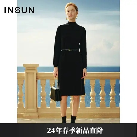 INSUN恩裳线上专选2024春款气质半高领羊毛针织连衣裙商品大图