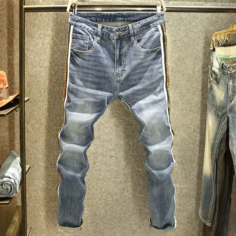 高端欧货侧边织带潮流牛仔裤男修身小脚裤2024新款潮牌拼接长裤子商品大图