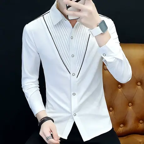 衬衫长袖男士2023新款春秋季潮牌痞帅个性设计感网红韩版修身衬衣商品大图