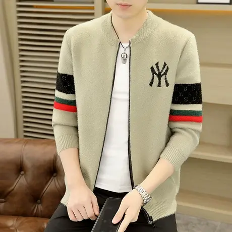 秋冬季男士仿水貂绒夹克潮牌个性时尚开衫毛衣外套潮流加厚棒球服商品大图