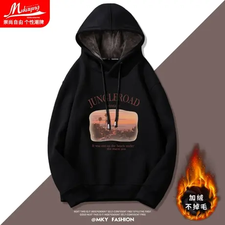 复古港风卫衣男连帽加绒加厚秋冬潮牌ins小众设计宽松青少年外套商品大图