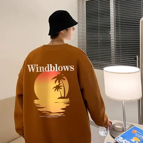 新款宽松潮流圆领卫衣男秋季港风印花休闲美式长袖无帽上衣服外套商品大图