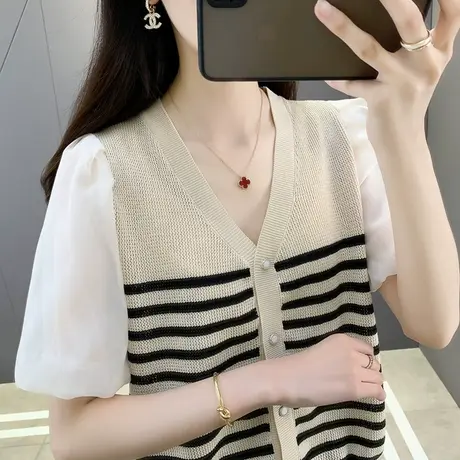 2023夏季新款雪纺拼接条纹冰丝针织衫女短袖设计感小众薄款上衣女商品大图