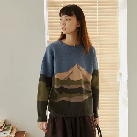 omont蛋挞家 复古宽松长袖风景图案短款毛衣女学生打底针织衫秋冬商品大图