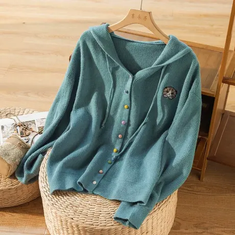 连帽针织开衫女文艺复古软糯毛衣外套女秋冬显瘦休闲上衣2022新款商品大图