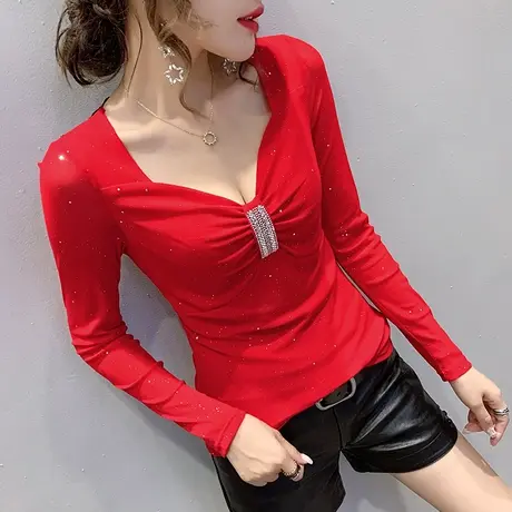 2023秋冬装新款性感V领T恤女长袖蕾丝露背上衣洋气百搭加绒打底衫商品大图