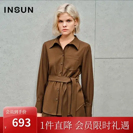 恩裳2023秋季新款高支羊毛混纺贴袋装饰腰带美拉德衬衫女图片