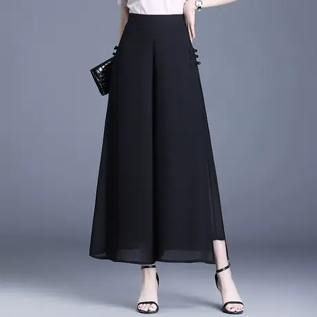 黑色开叉雪纺阔腿裤春夏女2023新款高腰宽松显瘦休闲九分裤裙裤薄商品大图