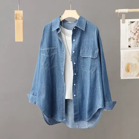 休闲复古蓝牛仔衬衫女中长款2023秋装新款打底衫长袖宽松衬衣外套商品大图