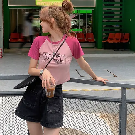 2023美式复古辣妹正肩短袖t恤女撞色插肩袖弹力修身显瘦短款上衣商品大图
