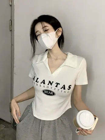 美式复古正肩polo衫短袖t恤女夏宽松设计感小众别致短款辣妹上衣图片