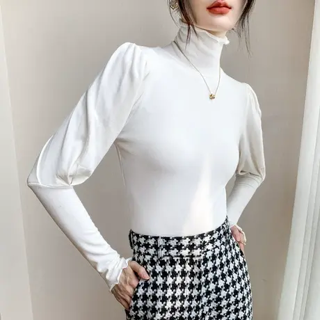 花瓣边泡泡袖纯色上衣女2023早春新款修身显瘦西装内搭高领针织衫商品大图