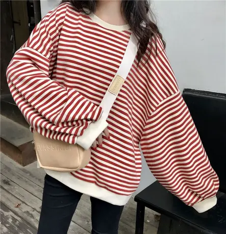 条纹长袖女装上衣服秋季2023新款韩版宽松慵懒风大版黄色t恤ins潮商品大图