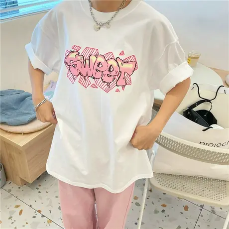 港风ins潮原创字母宽松百搭ulzzang纯棉短袖T恤女上衣新款韩版图片