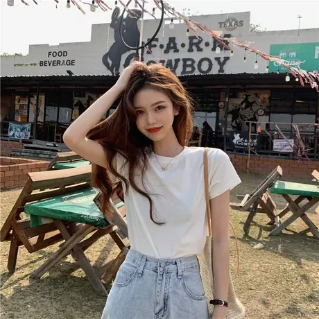 设计感短袖t恤女2023年新款夏季打底衫内搭体恤宽松彩色纯色上衣图片