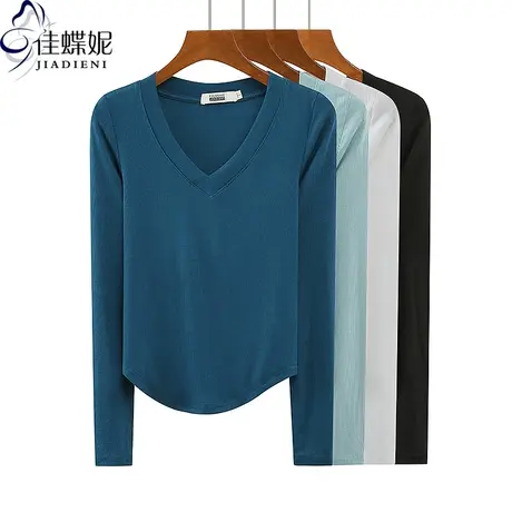 秋冬新款V领修身下摆圆弧纯欲纯棉显瘦纯色长袖体恤上衣女打底衫图片