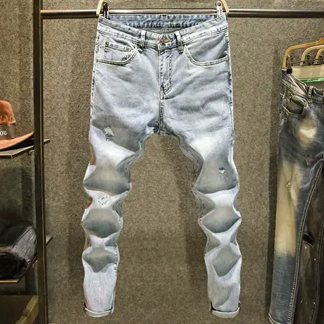 浅蓝色手工破洞牛仔裤男装韩版修身小脚裤高层次水洗磨白潮流裤子商品大图