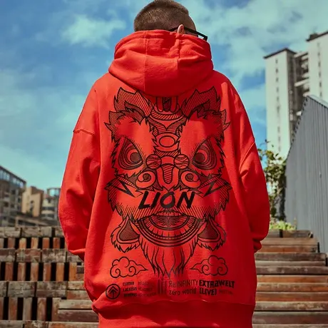 2023红色潮牌oversize大码男装加肥加大国潮醒狮连帽加绒卫衣男潮商品大图