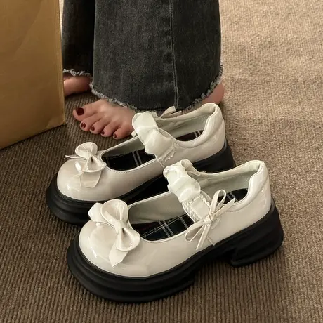 粗跟黑色小皮鞋女2023新款春秋日系jk学院风厚底浅口玛丽珍单鞋子商品大图