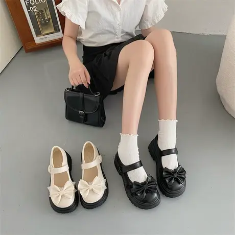 永希气质女鞋2023年时尚百搭蝴蝶结小皮鞋厚底玛丽珍鞋配裙子单鞋商品大图