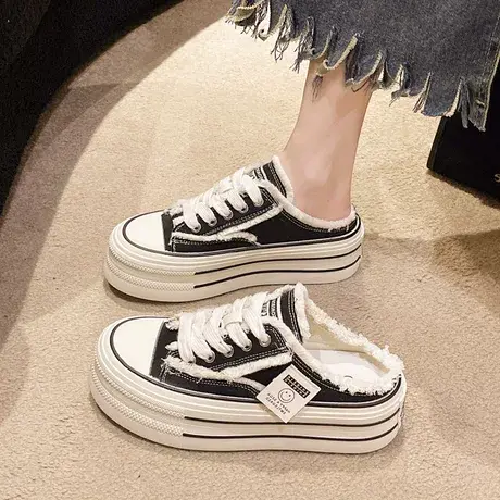 包头拖鞋女秋外穿2023新款帆布鞋子无后跟百搭懒人半拖厚底ins潮商品大图