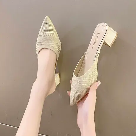 包头半拖鞋女夏时尚外穿尖头粗跟高跟鞋百搭黑色针织穆勒鞋凉拖鞋商品大图