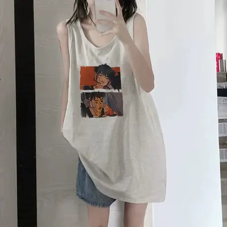 美式复古纯棉吊带运动坎肩背心无袖t恤女夏季外穿宽松篮球服上衣商品大图