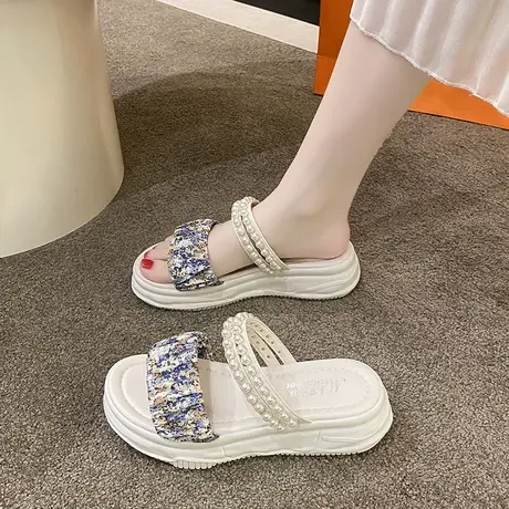 厚底拖鞋女夏季外穿2024爆款网红蝴蝶结甜美显脚小珠子坡跟凉拖鞋图片