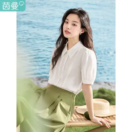 【商场同款】茵曼重工绣花领通勤衬衫2023夏季女装新款灯笼袖上衣图片