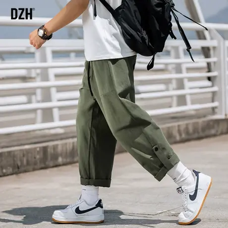 男士军绿色休闲裤男秋季潮牌直筒裤九分裤2023新款潮流男裤宽松裤商品大图