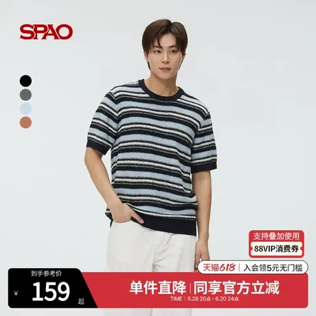 SPAO韩国同款2025年春季新品男士条纹圆领简约时尚日常短袖毛衣图片