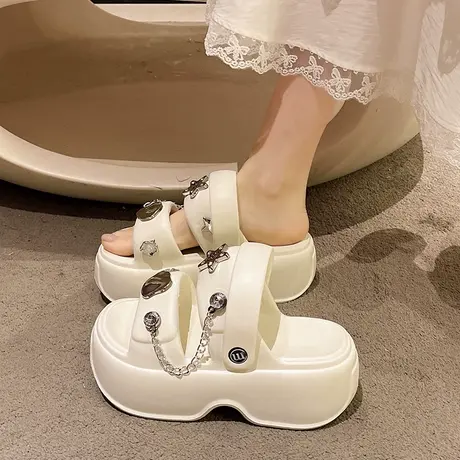 厚底增高凉鞋女夏季网红外穿百搭时尚水钻链条沙滩防滑两穿凉拖鞋图片