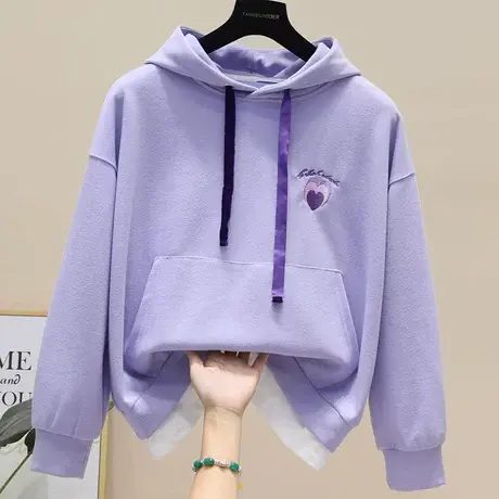 2023年秋新款刺绣字母爱心连帽长袖假两件卫衣大码女装外穿上衣潮商品大图