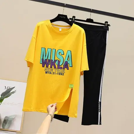 时尚网红套装潮牌开叉字母T恤+白边开叉八分裤两件套长款大版t恤图片