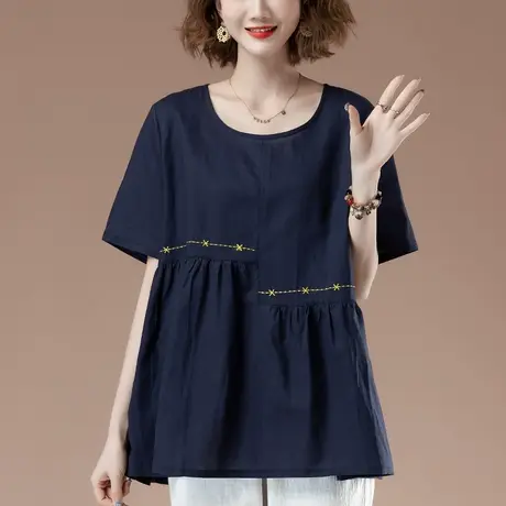 棉麻短袖t恤女夏季新款加肥加大码女装宽松中年妈妈遮肚显瘦上衣图片