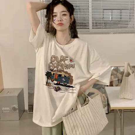 vintage美式复古风纯棉t恤短袖女潮牌ins大码设计感正肩夏季上衣商品大图