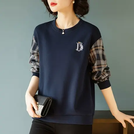 春秋新款卫衣女圆领加肥加大码女装宽松中年妈妈拼接百搭显瘦上衣图片