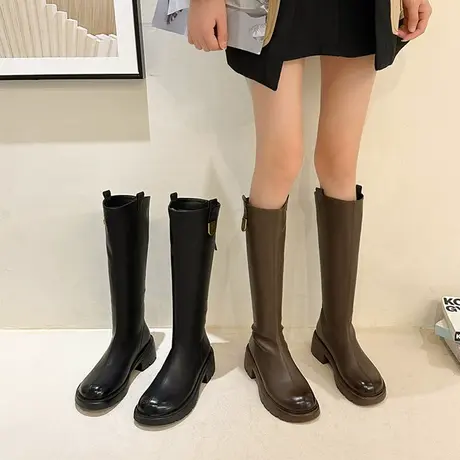 棕色靴子女长筒靴小个子秋季女鞋厚底复古瘦瘦不过膝高筒骑士长靴图片