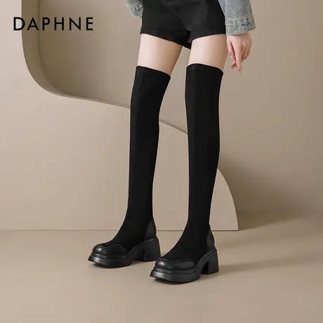 达芙妮黑色长筒靴女2025夏季新款厚底增高绒面过膝靴不掉筒瘦瘦靴商品大图