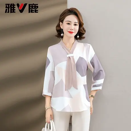 雅鹿妈妈气质衬衫女装2025秋新款V领中老年休闲时尚宽松小衫上衣图片
