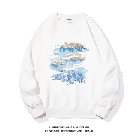 简约油画风雪山印花圆领卫衣男小众设计感印花无帽宽松休闲上衣商品大图