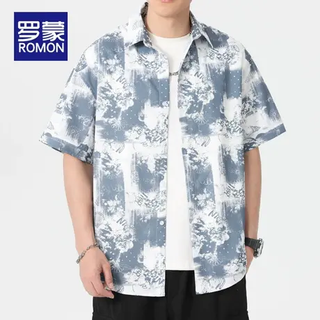 罗蒙男士短袖衬衫夏薄款2025新款美式潮牌宽松印花休闲上衣服男款图片