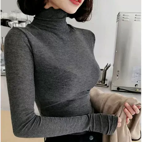 韩国2020秋冬新款紧身性感微透高领打底衫女纯色薄款长袖t恤上衣图片